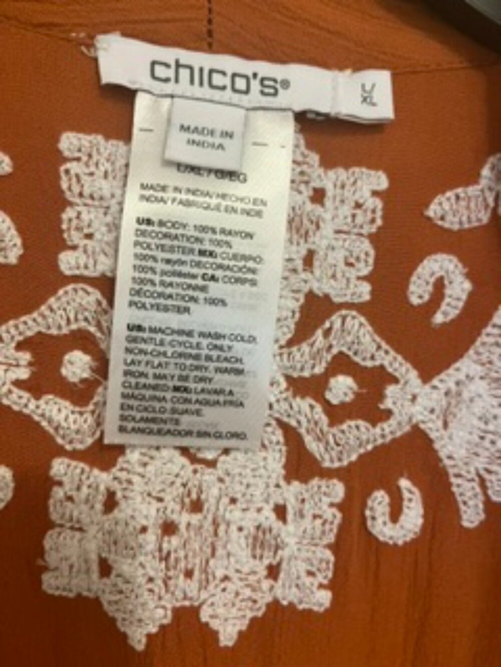 Chico's Rust Orange Embroidered Open-Front Kimono Jacket - Picture 3 of 3